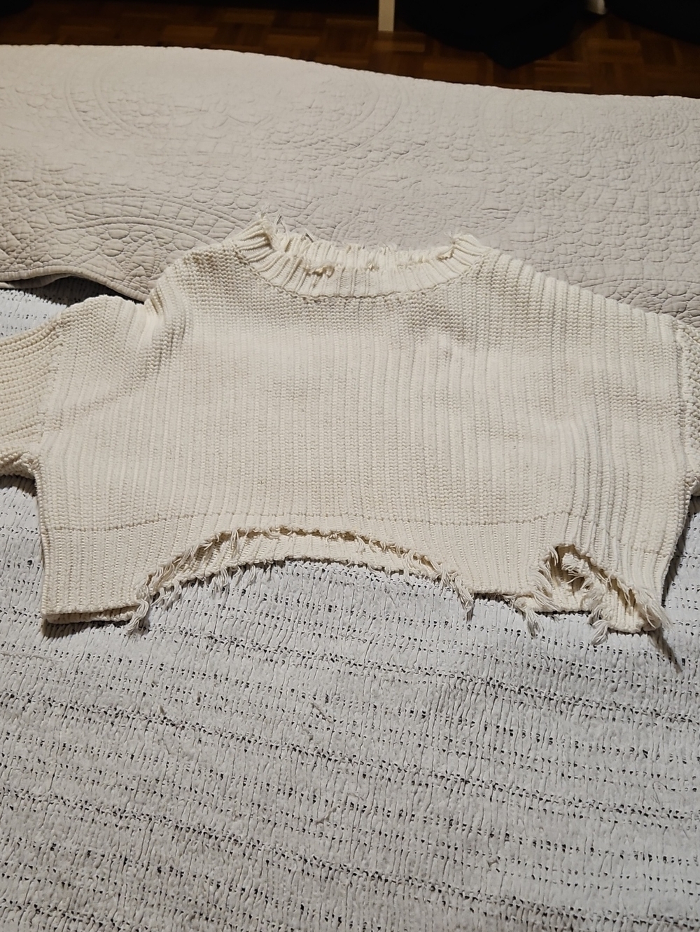 Wild Honey Cream Distressed Cropped Crewneck Sweater